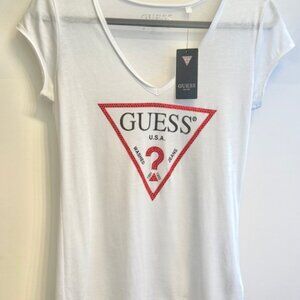 GUESS Woman's White Logo triangle tee shirt Rhinestone Graphic NWT
